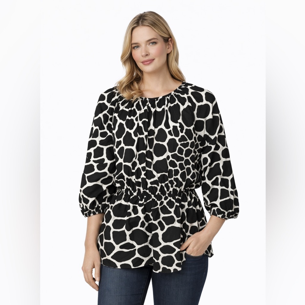 Moon Orchid by Versona Black White Giraffe Print Peplum Top Size L NWT